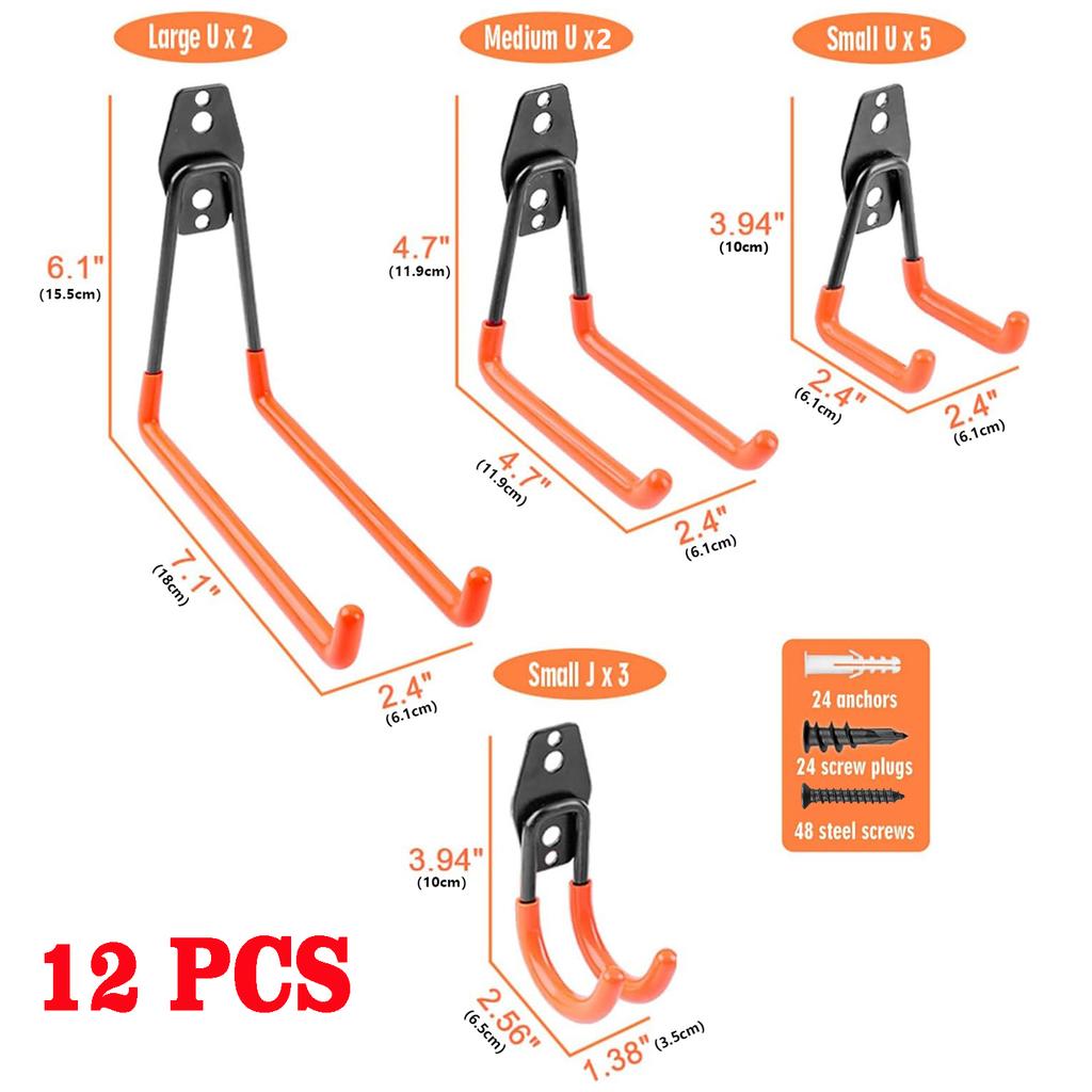 4/12 Heavy-Duty Metal Hooks for Wall Mounting, Garage Storage Hooks, Bicycle Hooks, Wall-Mounted Non-Slip Storage Hooks, Garden Storage Tools