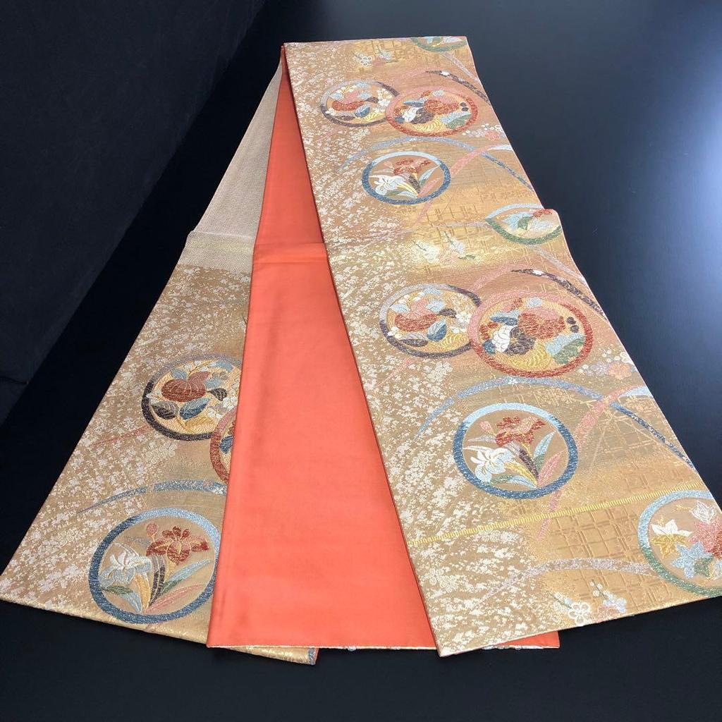 Used SO-623 Fukuro obi 6 pieces, pure silk, chrysanthemum, bellflower, autumn leaves, standing flower, plum, arabesque, gold and silver thread,