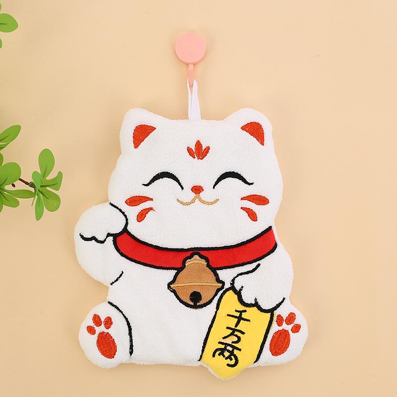 Lucky Cat Coral Fleece Cartoon Hanging Towel for Kitchen & Bathroom - Soft & Child-Friendly