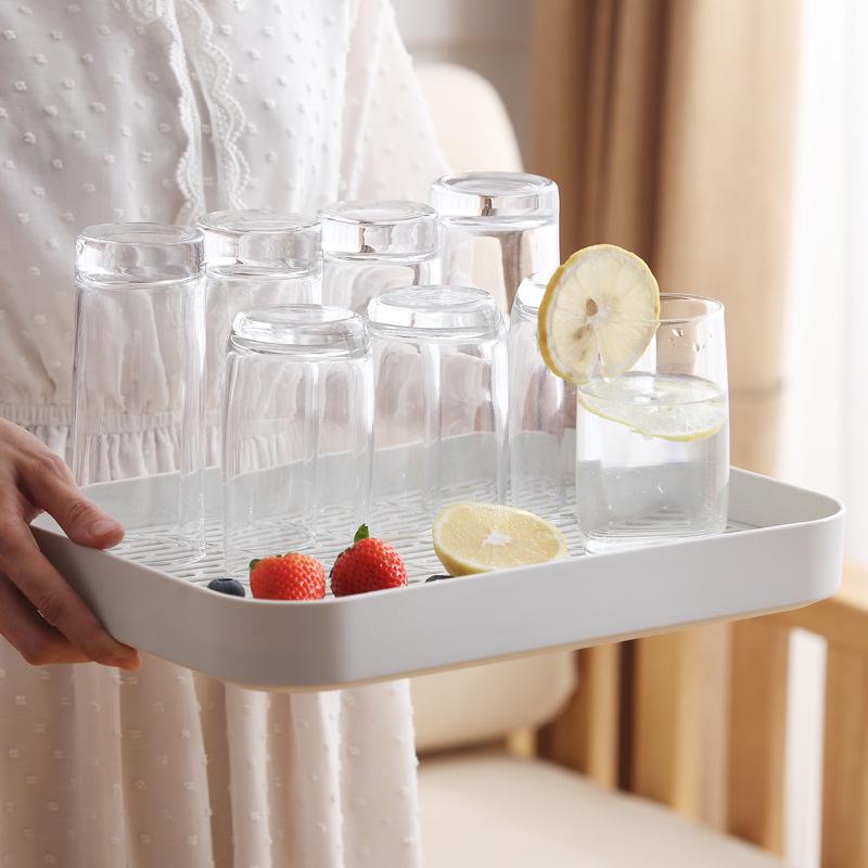 Solid Color Double Layer Japanese Kitchen Tray: Rectangular Storage Rack for Cups, Fruits, Vegetables, and Tea.