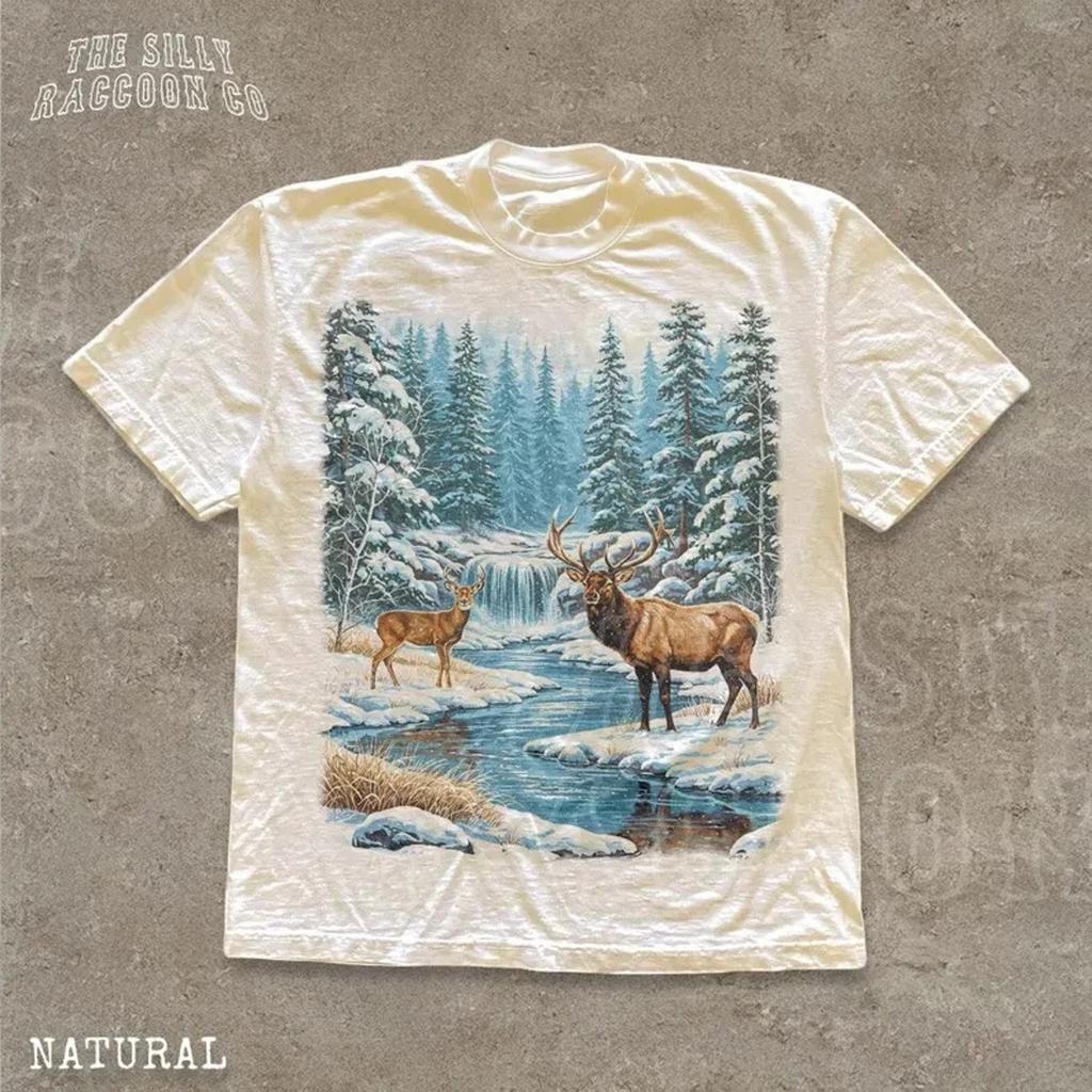Vintage Elk Graphic Tee Mens Womens Unisex Wildlife T-Shirt Full Size S-3XL