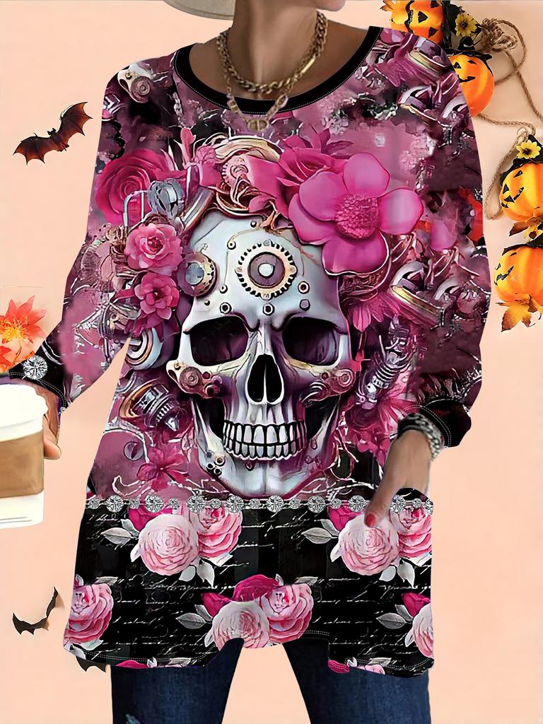 2025 Autumn Winter New Plus Size Women's Tops, Halloween 3D Print Fashion Crew Neck Long Sleeve T-Shirts