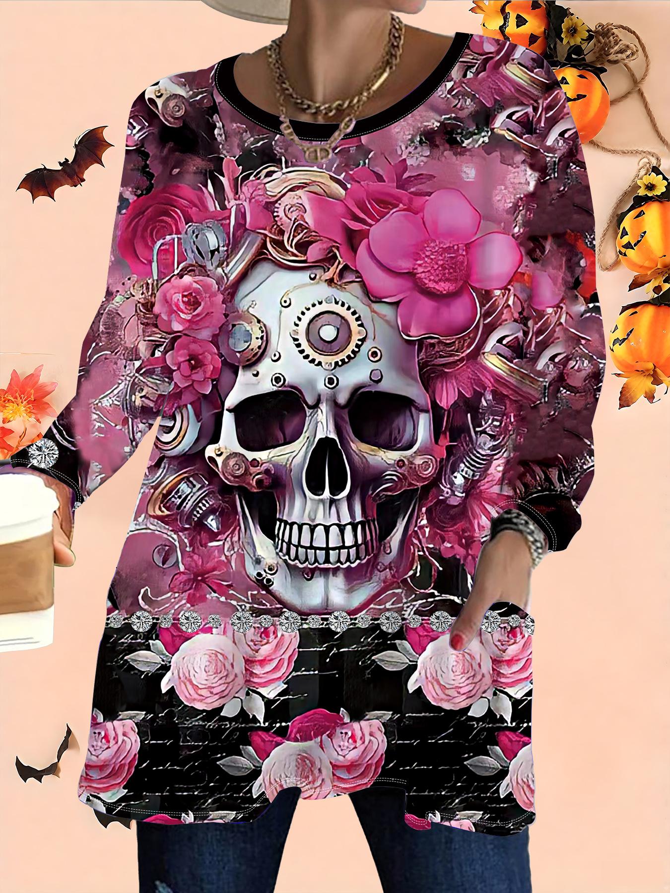 

2025 Осень Зима Новые Женские Топы Большого Размера, Модные Футболки с 3D-принтом на Хэллоуин с Круглым Вырезом и Длинным Рукавом 6XL розовый