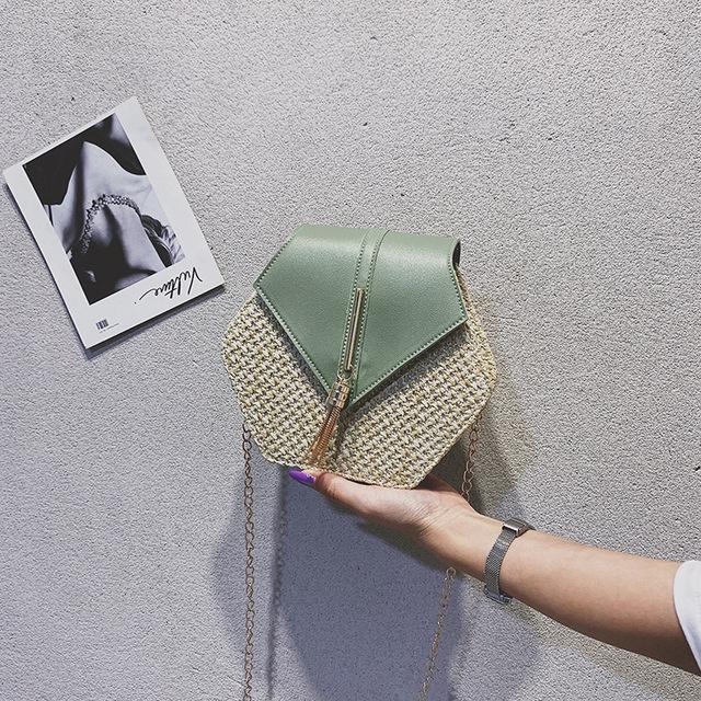 Summer Straw Bag Women Hexagon Chain Crossbody Bag Handmade Weaven Shoulder Bag Fashion Tassel Messenger Bag