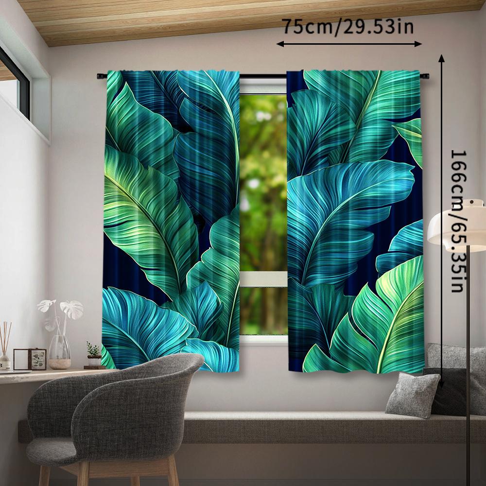 2pcs Set Tropical Leaves Curtains - Blue & Green, Rod Pocket Design for Living Room & Bedroom Decor