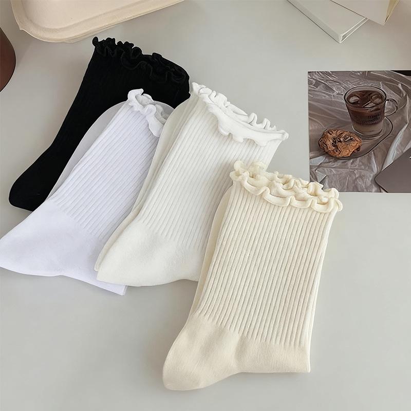 Lace Pure Cotton Women's Mid-Calf Socks - Spring & Autumn Lolita Style, Solid Color, Versatile Japanese JK Design