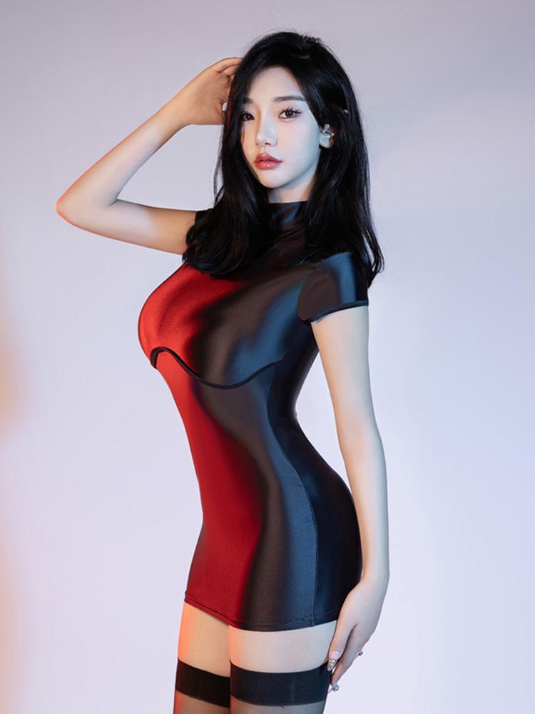 Sexy Women Oil Glossy Shiny Tight Pencil Dress Stain Smooth Maid Dress Elastic Push Up Packet Hip Step Dress Cosplay Dress