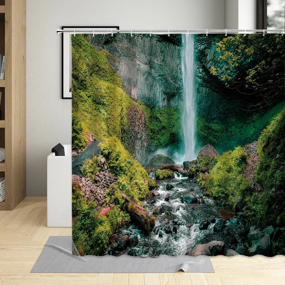 Flower Plant Landscape Shower Curtain Cherry Blossom Waterfall Green Forest Manor Arch Bridge Ocean Scenery Bathroom Curtain Set