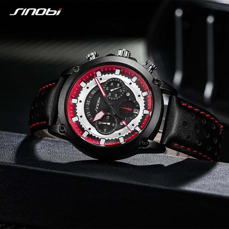 SINOBI New Fashion Sports Mens Watches Stainless Steel Chronograph Man Quartz Wristwatches Luminous Hands Male's Calender Clock