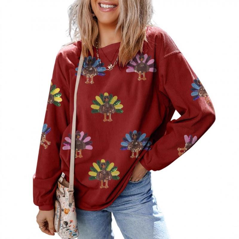 Womens Turkey Print Crew Neck Long Sleeve Hoodie Loose Fit Casual Top 2025