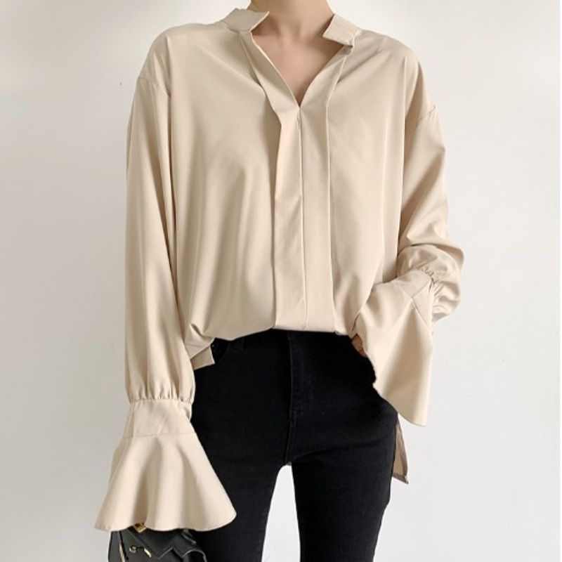 

South Korea Dongdaemun Spring New Fancy Stylish Niche Style White Loose Flared Long Sleeves Chiffon Shirt Apricot Free size