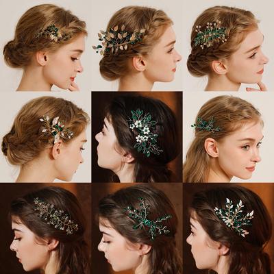 Pente de Liga de Zinco Retro com Strass e Folha Verde de Cristal Headdress Joias Antigas Hanfu Pente de Cabelo de Noiva