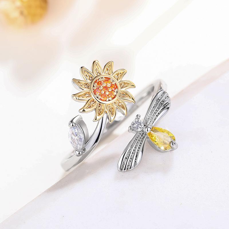 Ring, Adjustable Open Ring, Bee Honey Flower Ring