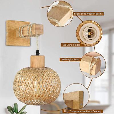 Japanese Style Bamboo Woven Wall Lamp with Wooden Mounting Bracket Handmade Natural Material Decorative Light Fixture Without Bulb