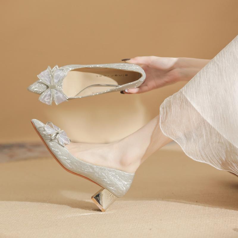 550-1 Pointed High Heels Women's 2025 Spring New Versatile Silver Crystal Wedding Shoes Thick Heel Bow Single Shoes