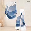 Women Plus Size White Navy Blue Printed V Neck Three Quarter Sleeve Flared Top Flared Pants Two Piece Set