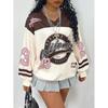 Womens Oversized Long Sleeve V-Neck Sweatshirt With Contrast Letter Print Casual Fall Top