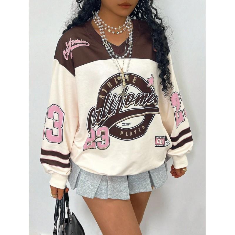 Womens Oversized Long Sleeve V-Neck Sweatshirt With Contrast Letter Print Casual Fall Top