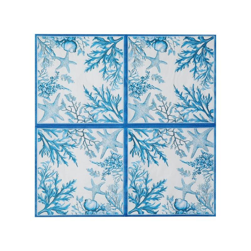 

Ocean Beach Napkins, 33cm 2-Ply Light Blue with Starfish Shells Coral Seaweed Pattern for Summer Pool Party Decor, 20pcs, Native Wood Pulp