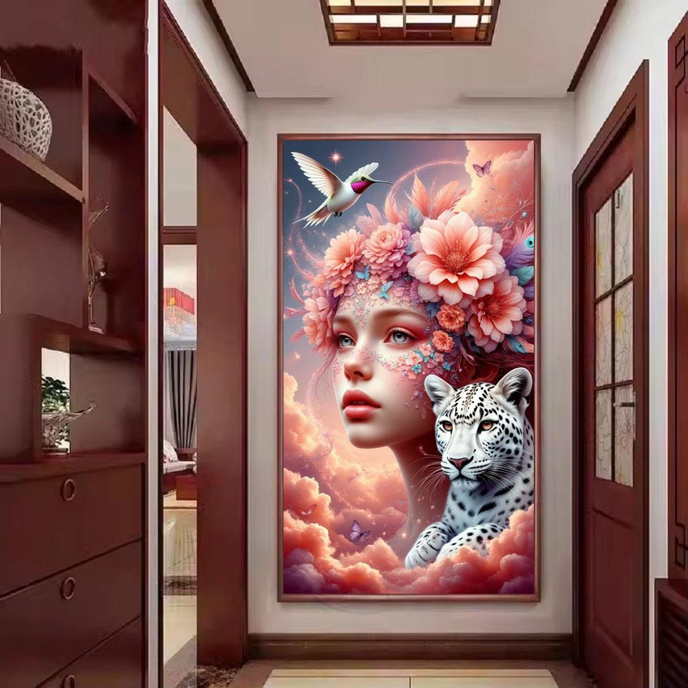Beautiful Girl with Flowers and Leopard DIY Diamond Painting Cross Stitch Full Drills Diamond Mosaic New Collection Home Decor