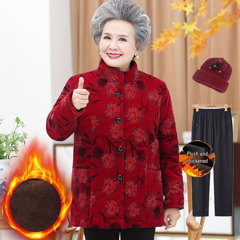Fleece-Lined Winter Jacket for Middle-Aged and Elderly Women: Grandma Style, Thickened Cotton, Two-Piece Set (Top and Jacket).