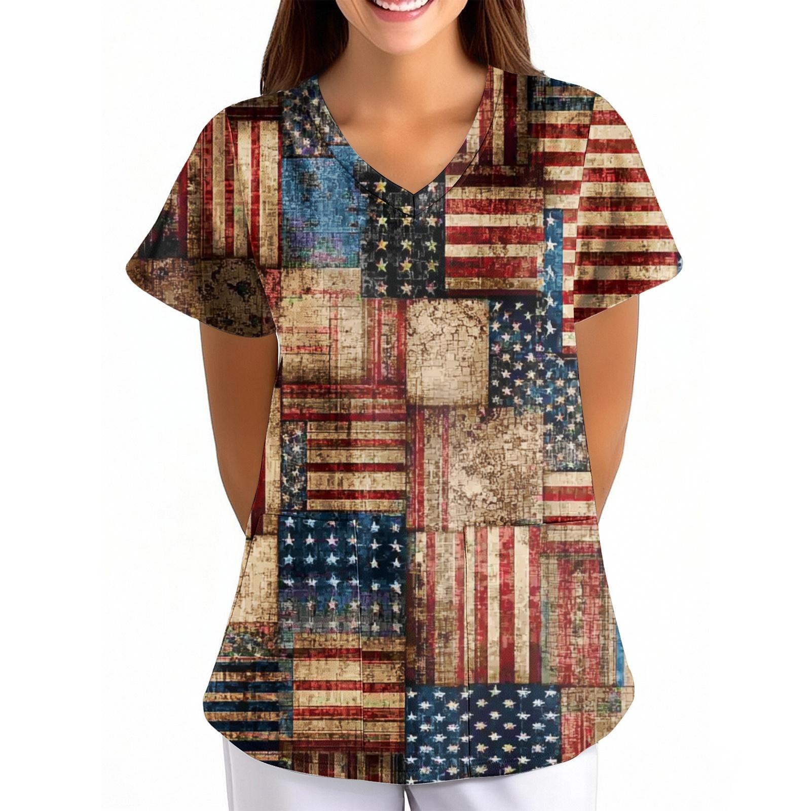 

Women s Independence Day Printed Loose V-Neck Pocket Short-Sleeve Caregiver/Uniform L синий