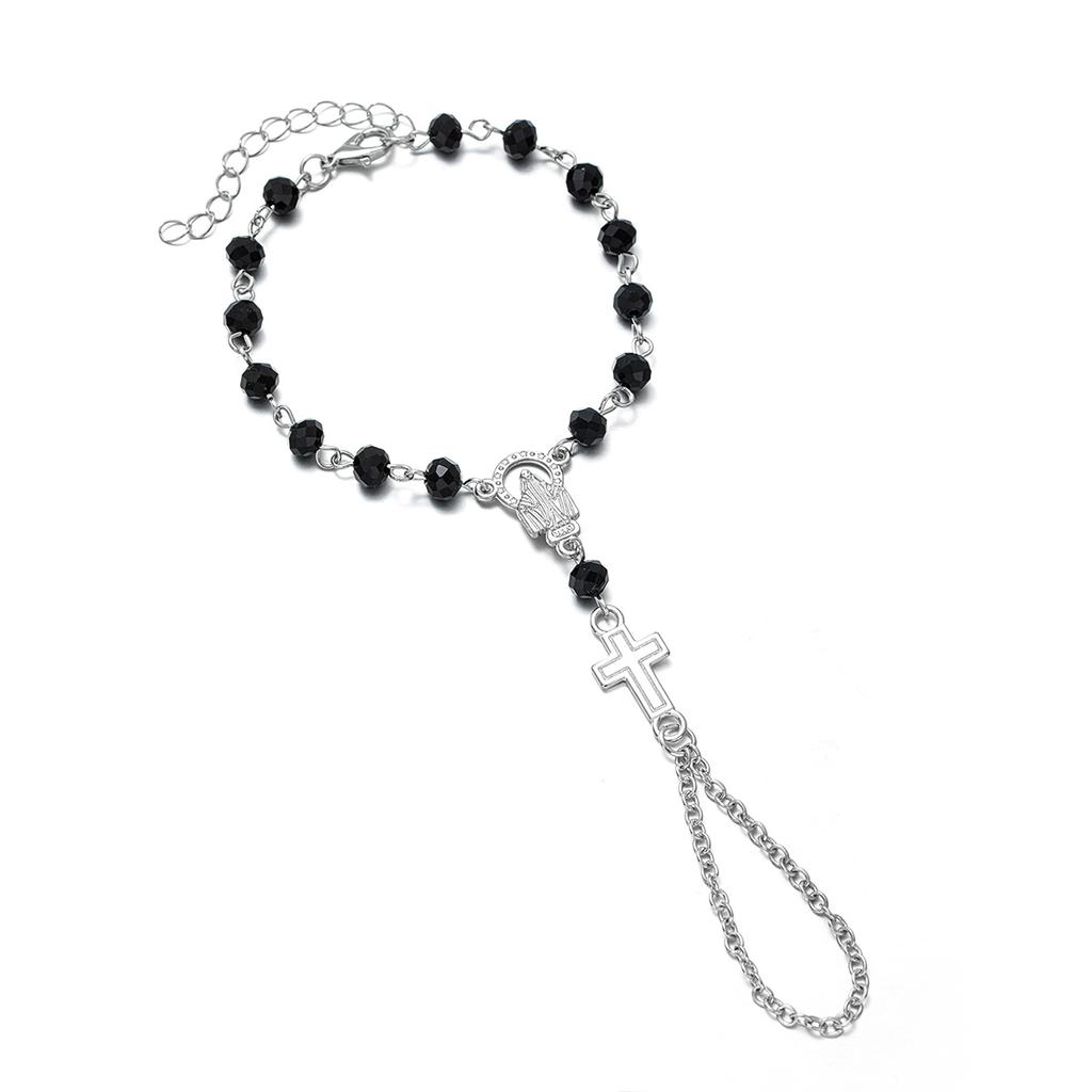 Women's Cross Finger Bracelet, Religious Style Beaded Back Hand Chain, Dark Style Niche Accessory