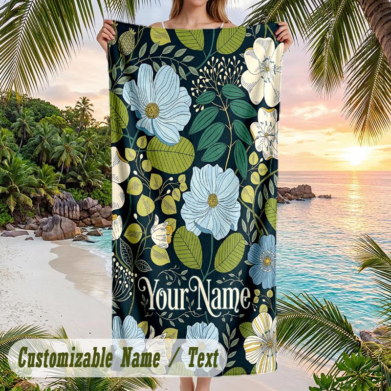 Floral 11 Theme Quick Dry Beach Towel Custom Name Text Print Large Sand Resistant Towel Beach Vacation