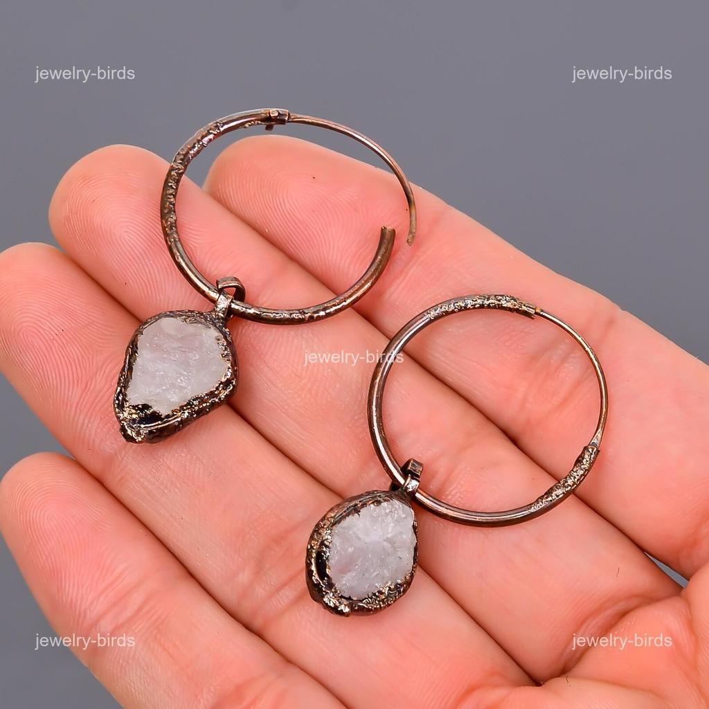 Rainbow Moonstone Gemstone Copper Dangle Birthday Electroformed Earrings Jewelry V-110