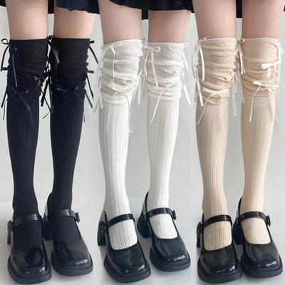 Lolita Long Socks Women Bandage Ribbon Bow Sweet Girls Kawaii Cute Over Knee Socks Ballet Style Solid Color Black White Socks