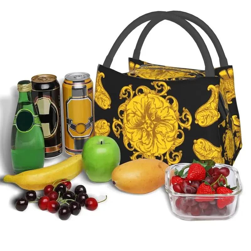 Golden Baroque Fashion Seamless Pattern Insulated Lunch Bags for Women Waterproof Cooler Thermal Bento Box Work Picnic