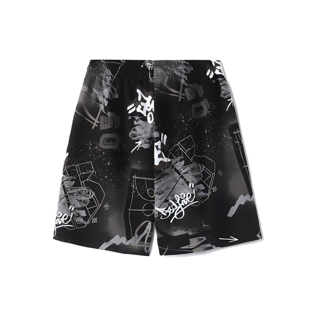 Li Ning Badfive Sports Basketball Series Theme All Over Print Loose Knit Shorts Men Shorts Black White Camouflage AKSR155-4