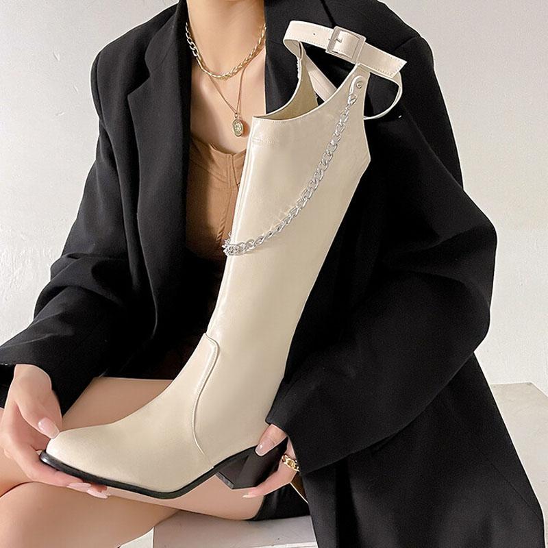 2025 Autumn Winter Women Leather Knee High Boots Sexy Pointed Toe Long Boots Women Fashion Metal Chain Chunky Heel Botas