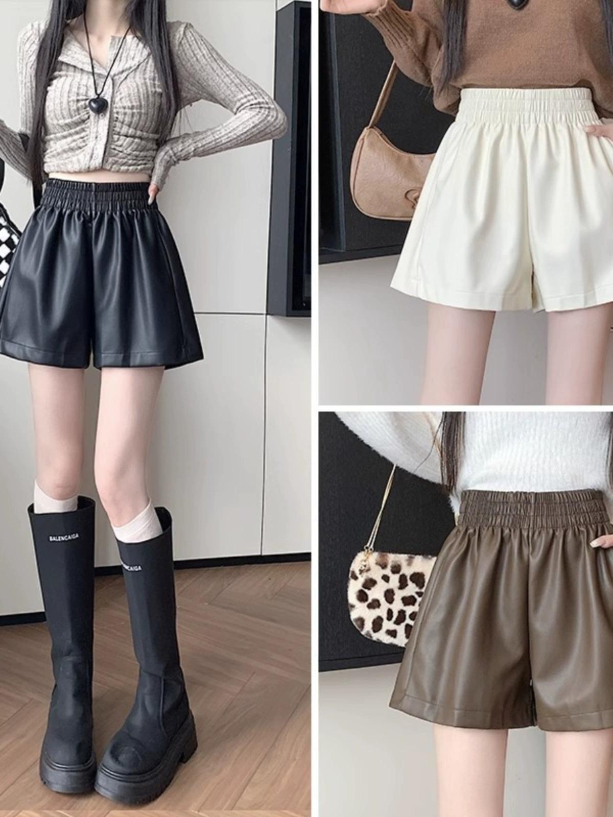 

Women s High-Waist Black Leather Shorts: Small, Wide-Leg, Casual Autumn/Winter Base Layer. 3XL