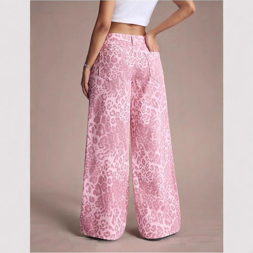 Women's Pink Leopard Print Wide Leg Jeans, Loose Fit