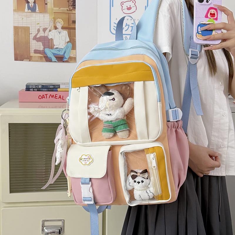 Color Block Student Schoolbag Multi-functional Large Capacity Backpack Lightweight Travel Backpack