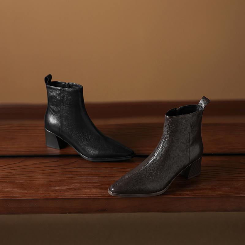 Krazing Pot Zimní kožené kozačky na středním podpatku se špičatou špičkou Chelsea pro ženy, elegantní dámské kotníkové boty na zip