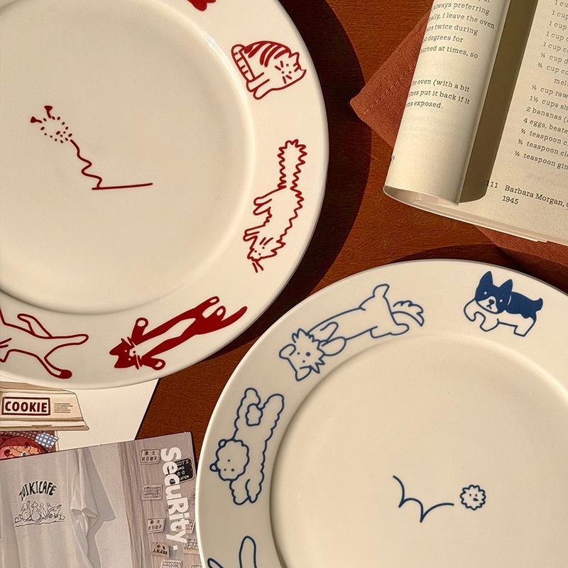Korean Cute Cat Puppy Graffiti Plate Ins Ceramic Breakfast Plate Vintage Household Utensils Coffee Shop Cake Dessert Fruit Plate