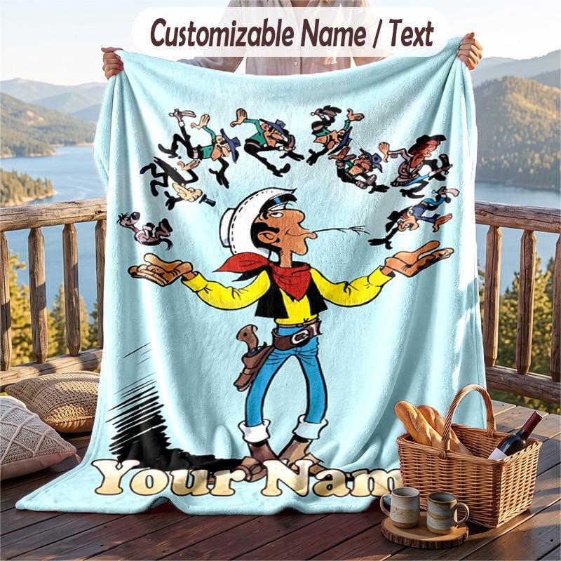 Custom Text Flannel Throw Blanket, Lightweight Cozy Bed Sofa BlanketLucky Luke