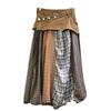 Womens Patchwork Plaid Denim Midi Skirt High Waist A-Line Slim Fit Street Style
