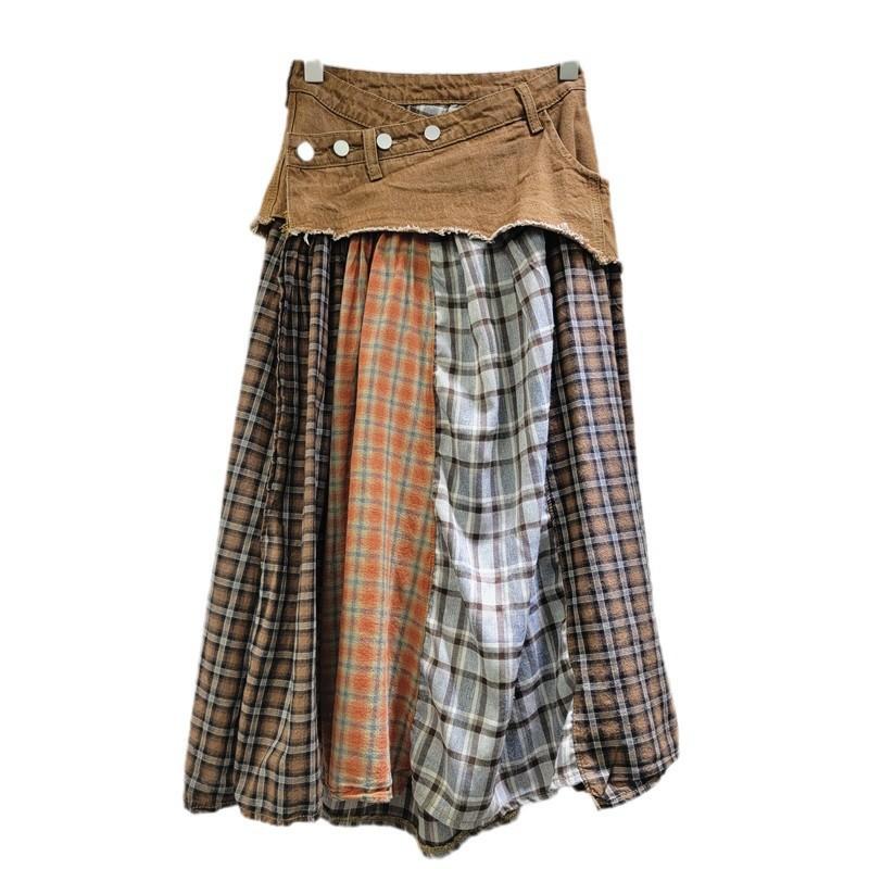 Womens Patchwork Plaid Denim Midi Skirt High Waist A-Line Slim Fit Street Style
