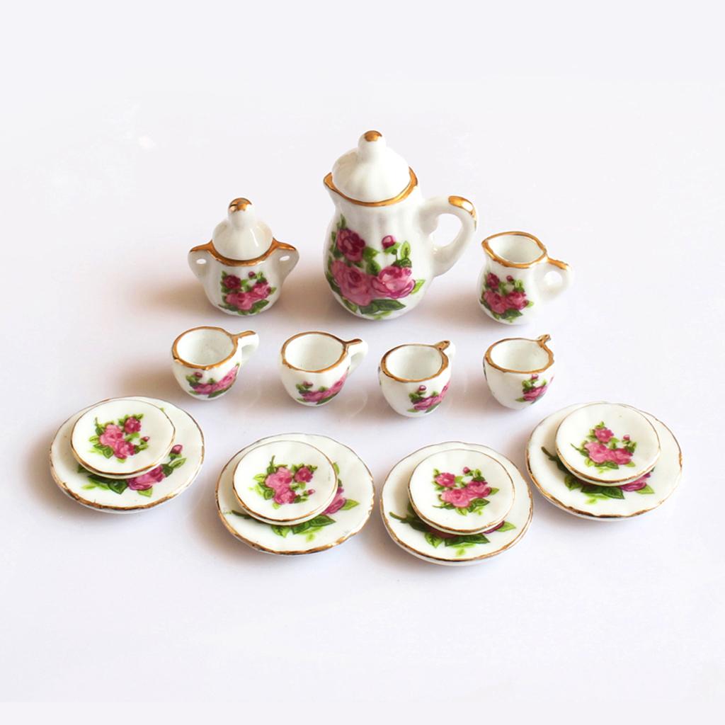 1/12 Dollhouse Miniature Dining Ware Porcelain Tea Set Dish Cup Plate Pot 15Pcs White+Pink/Green