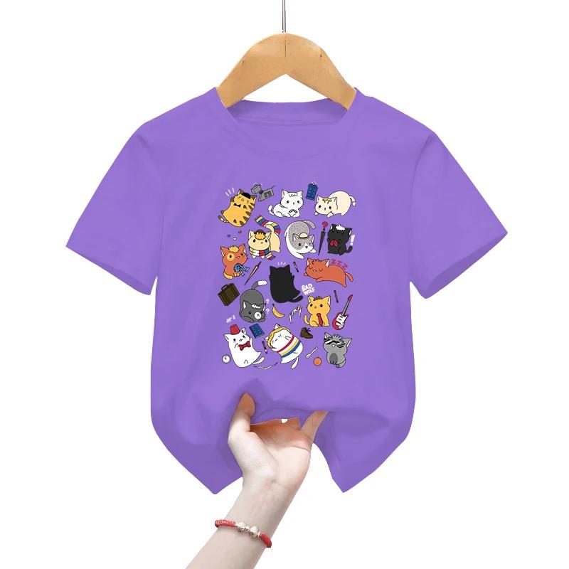 Kawaii dziecięce koszulki w wieku 2-13 lat Władca czasu kocięta klasyczne koszulki zwierzęca przestrzeń t-shirty chłopcy dziewczęta koszulki koty kreskówkowe koszule T-shirt dziecięcy