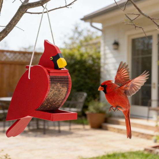 Red Bird Birdseed Dispenser Handcrafted Wooden Bird Feeder Hanging Wild Bird Feeder for Outdoor Garden Backyard Decoration