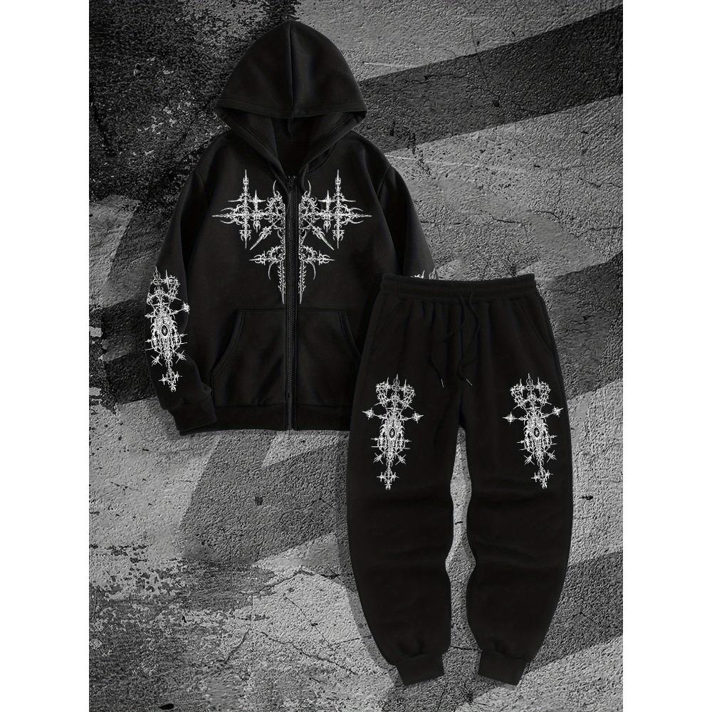 Street Style Cool Męski Zestaw Podstawowy, Męska Bluza z Kapturem na Zamek z Gotyckim Ciemnym Nadrukiem i Spodnie Dresowe Dwuczęściowy Zestaw