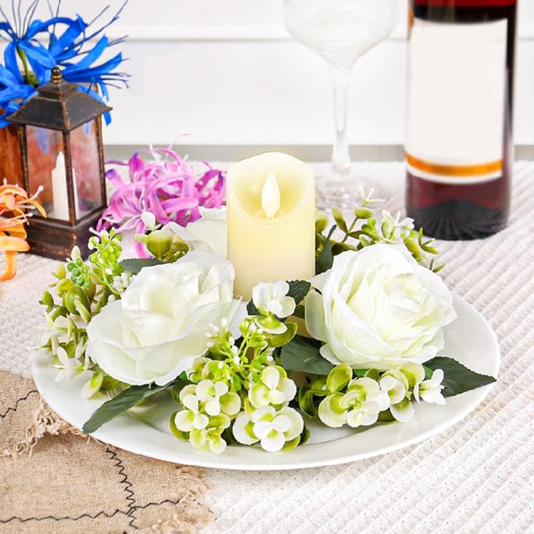 5Pcs Simulated Rose Flower Candlestick Wreath Small Candle Rings Dining Table Centerpieces Decoration Wedding Props