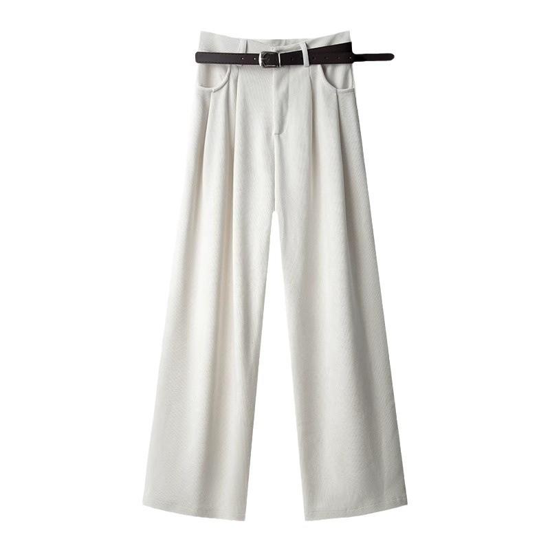 Damen Off-White Cord & Samt High-Waist Hose - Herbst/Winter Lässiger Chenille Weitbein-Stil