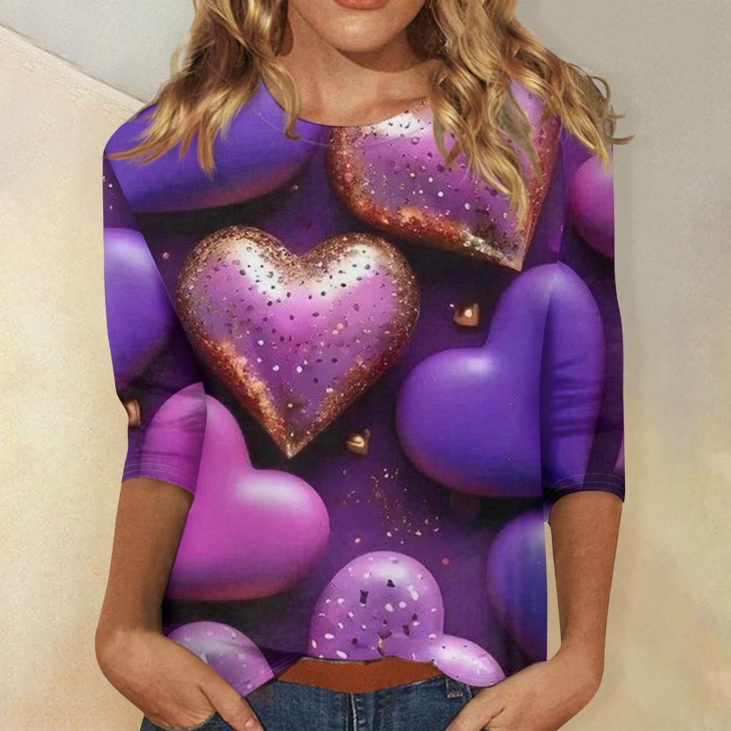 Damen Valentinstag Print Mode Lässig 3/4 Ärmel Rundhals Oberteil