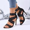Fashion Sexy Lace Cross Strap Zip Sandals Women 2025 Summer Black Glitter Mesh Super High Heels Pumps Steel Tube Dance Shoes Women