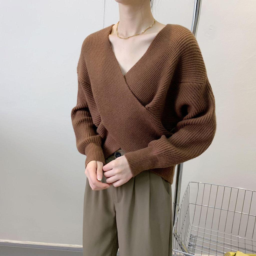 Koreanischer schicker Vintage-Strickpullover mit V-Ausschnitt und Fledermausärmeln für Damen